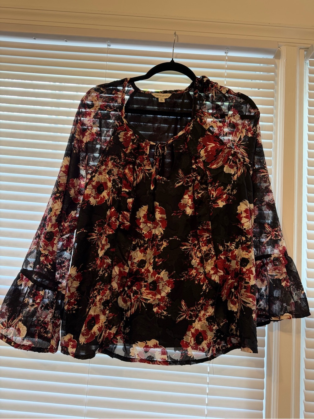 FRYE AND CO. Black Floral Tie-Neck Blouse with Burgundy & Cream Accents
